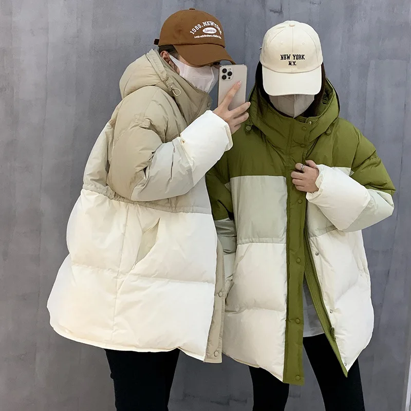 Piece of Colour Down Jacket Women's Winter New Hooded Cotton Jacket White Duck Down Loose Waist Loose Warm Thickened Jacket