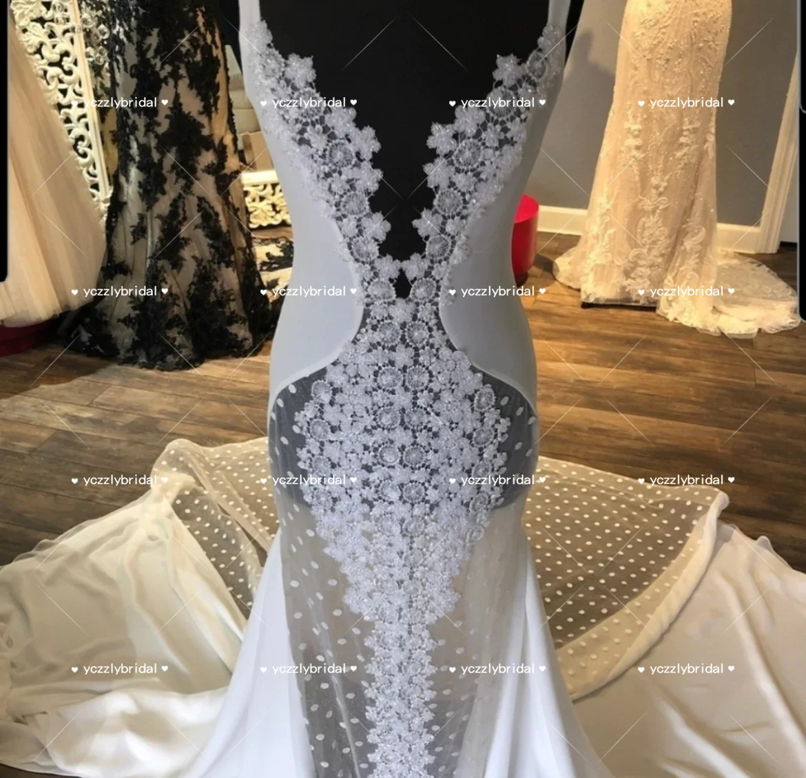 

Yczzly Sexy Plunging V-neck Crystal Mermaid Wedding Dress With Appliqued Long Illusion Backless Beaded Bridal Gown YW344