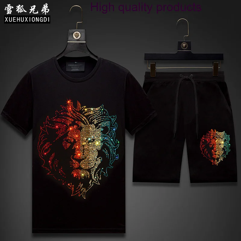 

Men 2023 Clothing Summer Sportswear Lion Colorful Rhinestones Mens Track Suit Set 2 Pieces Casual Jogger Sets Ropa De Hombre