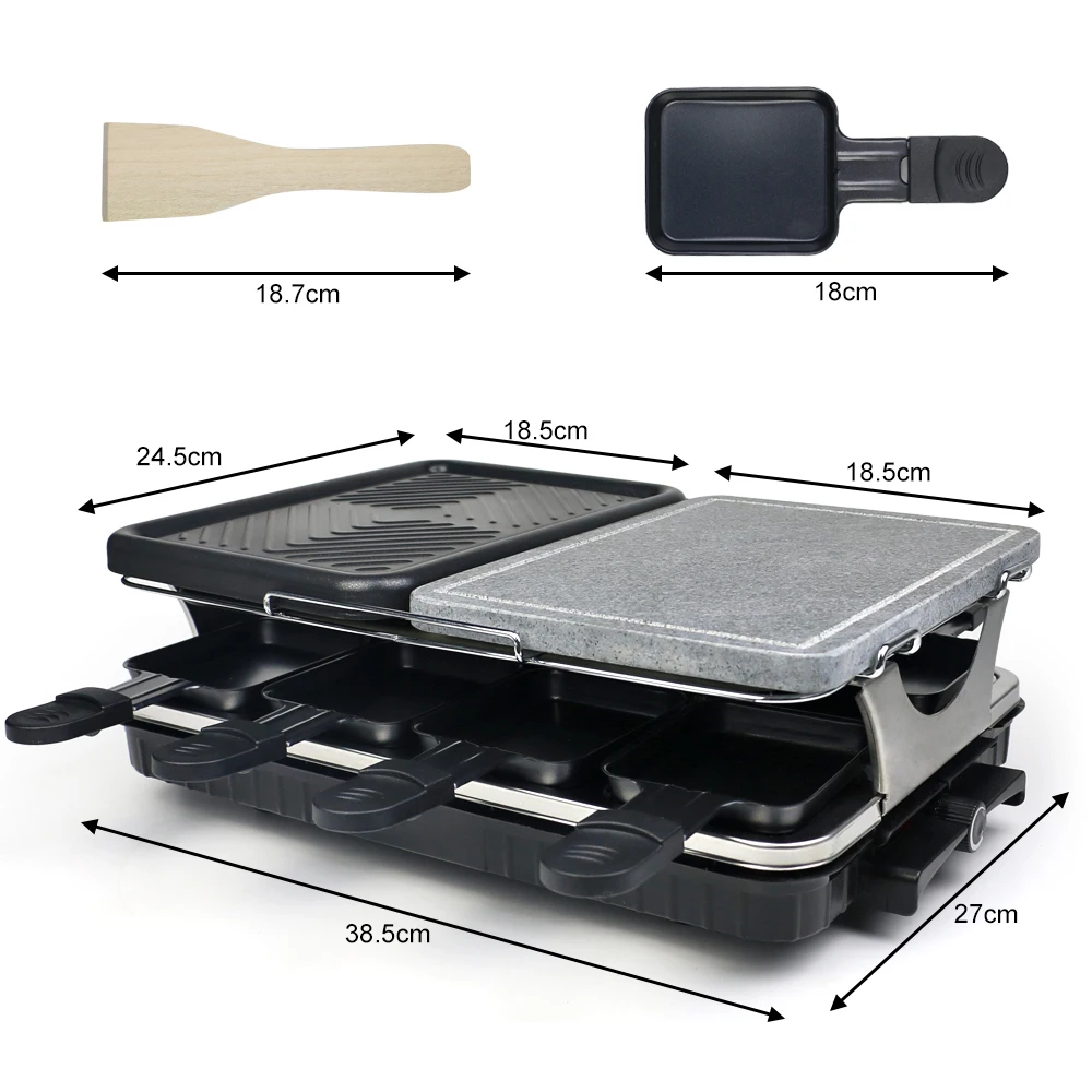 

Dual Raclette Table Grill w Non-Stick Grilling Plate & Cooking Stone- 8 Person Electric Tabletop Cooker for Korean BBQ- Melt Che