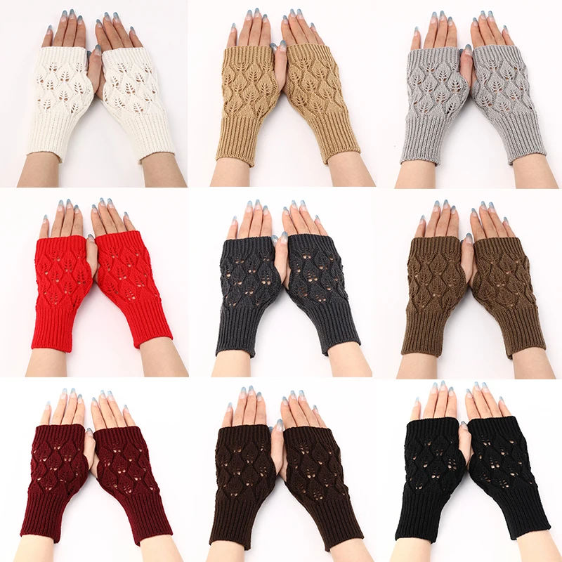 

Fingerless Knitted Gloves Openwork Acrylic Gloves Solid Color Woolen Yarn Crochet Knitting Mittens Stretch Half Finger Gloves