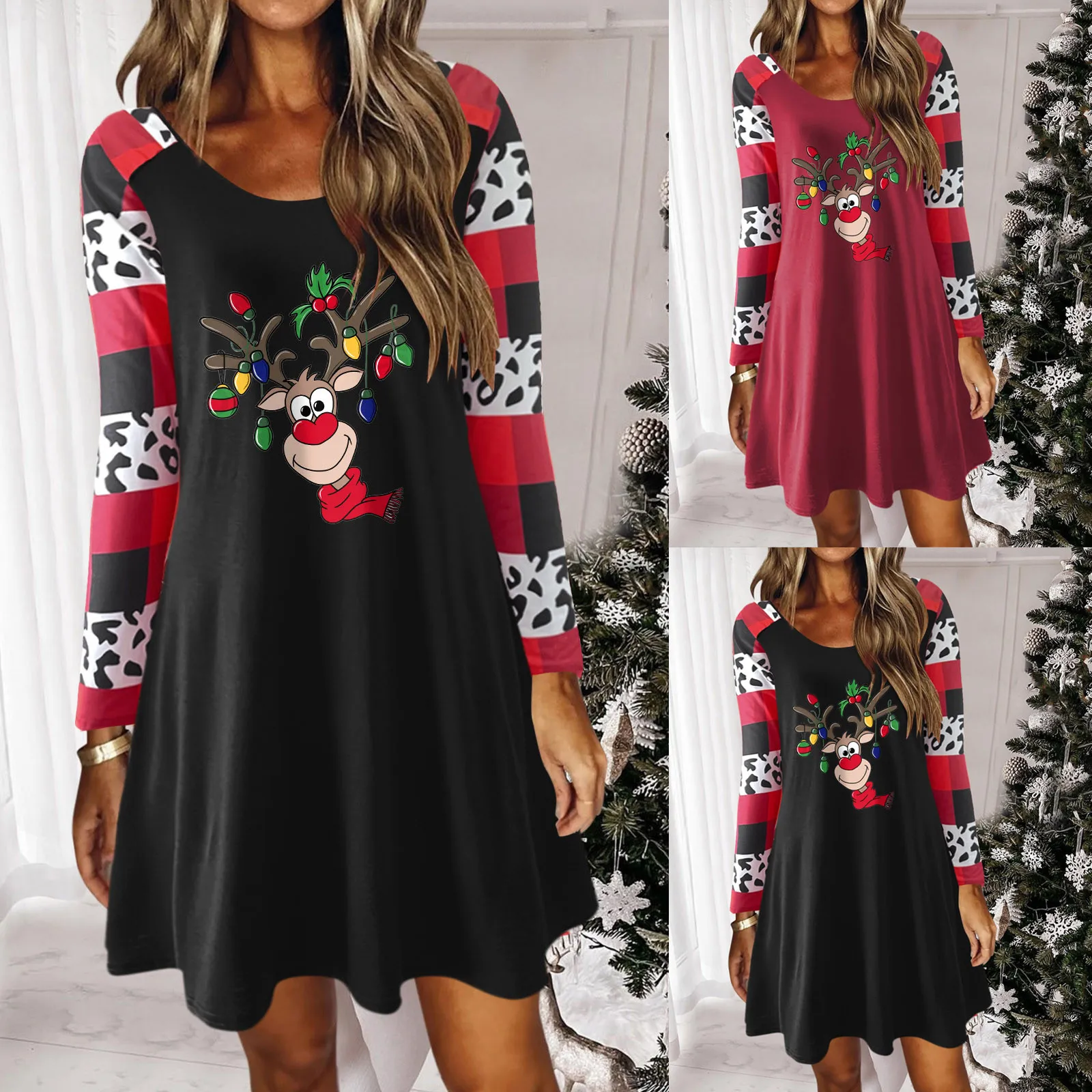 

Womens Casual Christmas Print O Neck Long Sleeve Pocket Dress Junior Dresses Summer Women Dresses Fall Casual