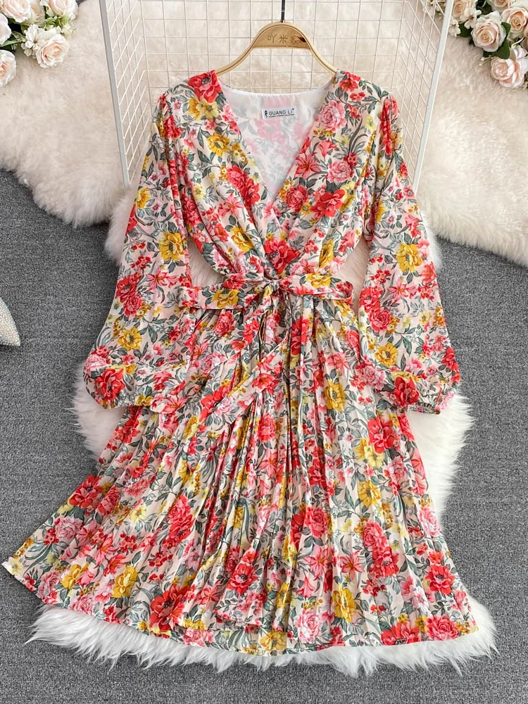 

Autumn Bohemian Women Floral Pleated Mini Dress Female Elegant V-Neck Puff Long Sleeve High Waist Chiffon Vestidos New Fashion