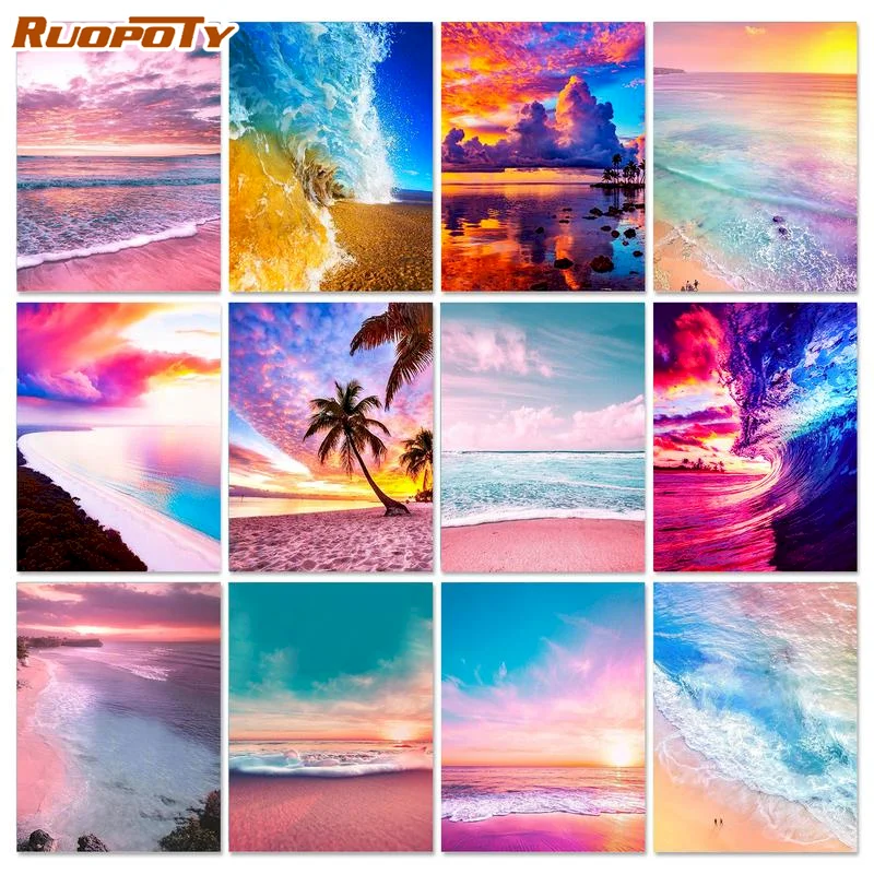 

RUOPOTY DIY Diamond Embroidery Pink Landscape Diamond Art Painting Cross Stitch Handmade Hobby Gift Wall Decor Home