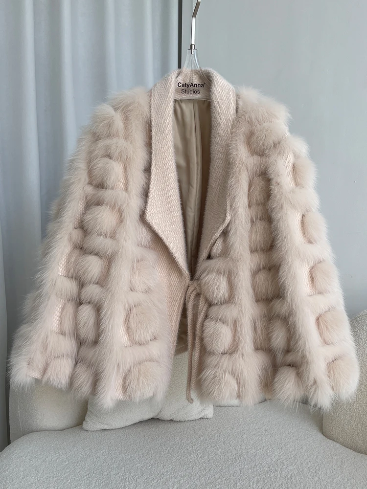 2022 Autumn Winter Knitted Cardigan Jacket blended Thick Warm New Fashion Belt Turn Down Collar Real Fox Fur Coat Women