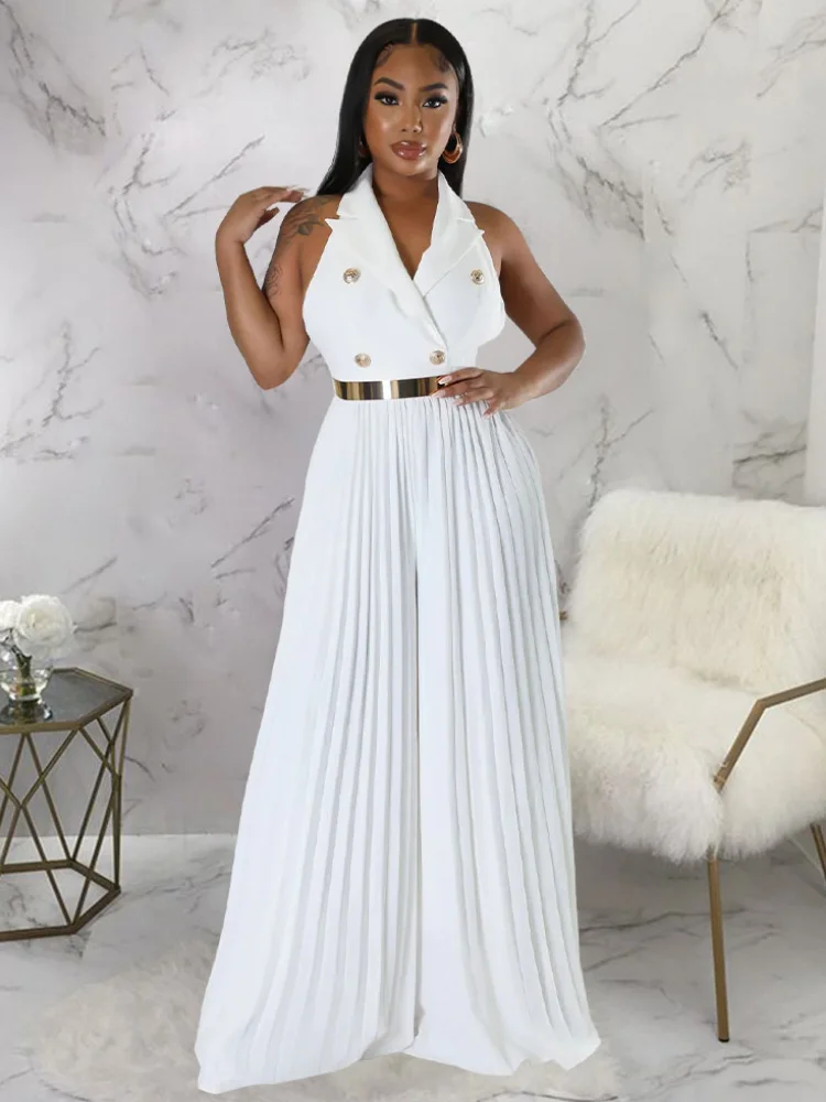 

WUHE 2022 Elegant Solid Double Breased Backless Jumpsuits for Women Wide Leg Pleated High Waist Blazer Style Romper