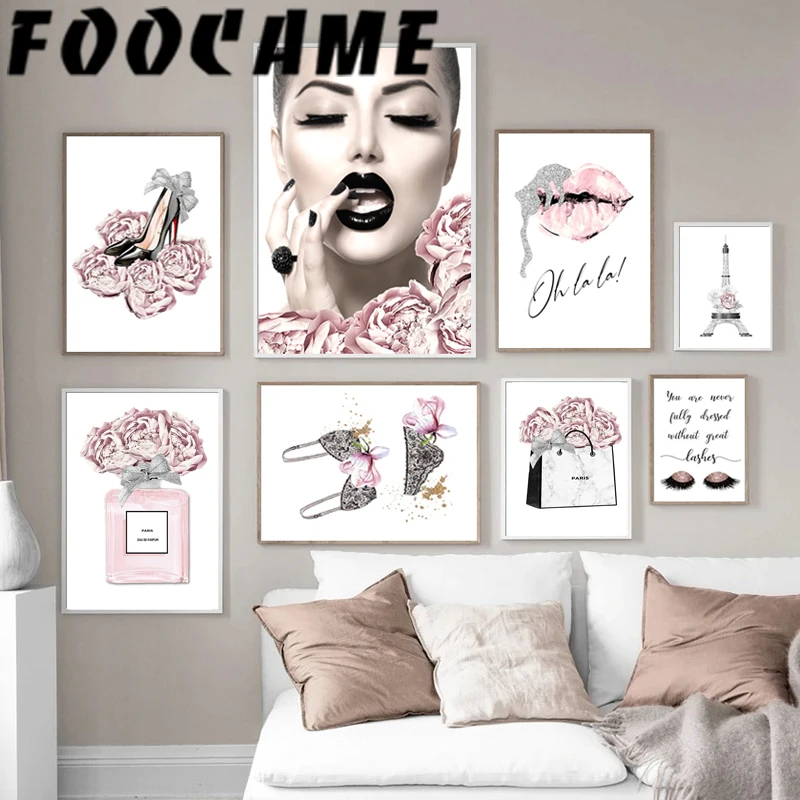 

Eiffel Tower Underwear Heels Fashion Nordic Wall Art Canvas Painting Poster Pink Flower Trendy Picture Print Beauty Decoration