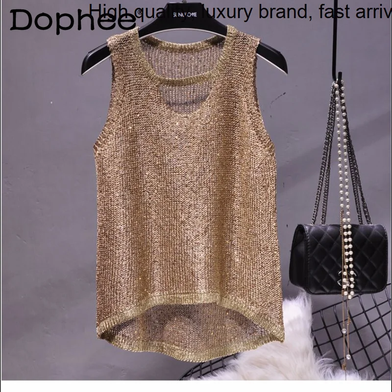 

Spring Summer 2023 New Sexy Hollow Sequined Knitted Camisole Vest Women Sleeveless Sweater Suspenders Tank Top Female Crop Tops