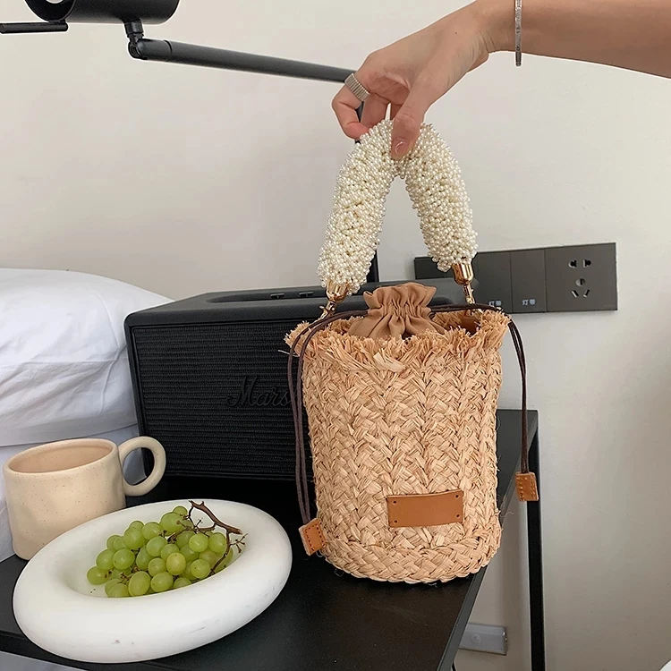 

JOY Summer Round Rattan Handmade diamond Pearl Bag Bohemian Straw Bag Bucket Knitting Shoulder Crossbody Bead Beach Bag Holiday