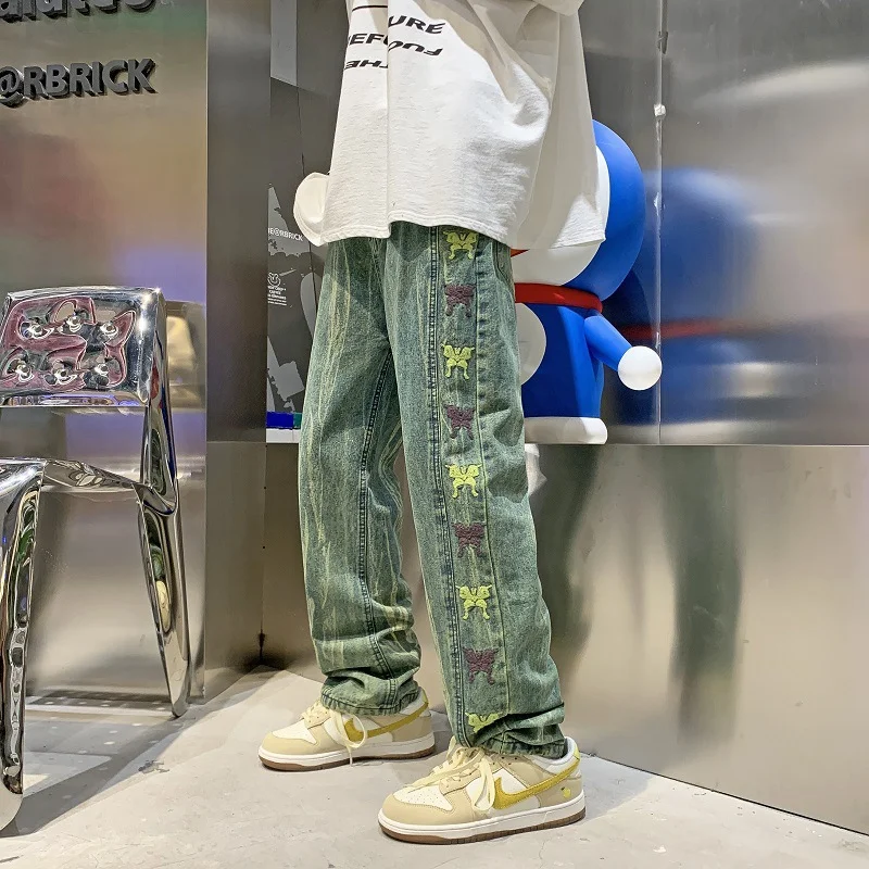 DEEPTOWN Embroidered Distressed Jeans Men Hip Hop Streetwear Denim Pants Loose Casual Straight Trousers Male Designer Fashion