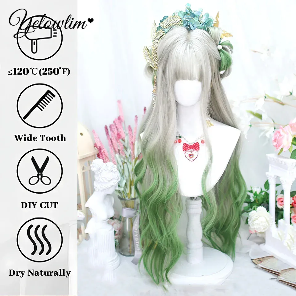 YELOWTIM розовый градиент длинные прямые синтетические парики с челкой косплей