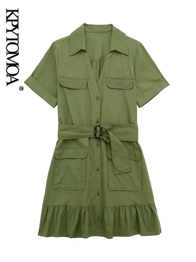 

KPYTOMOA Women Fashion With Belt Patch Pockets Poplin Mini Dress Vintage Short Sleeve Front Button Female Dresses Vestidos Mujer