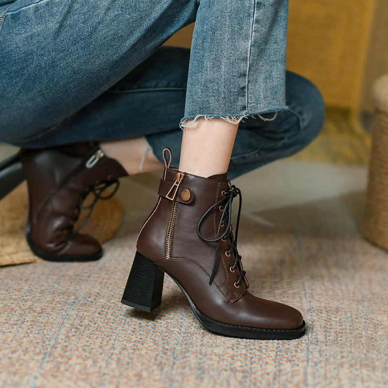 

2022 new autumn and winter Women ankle boots natural leather 22-25cm vintage cowhide chunky heels platform boots Knight boots