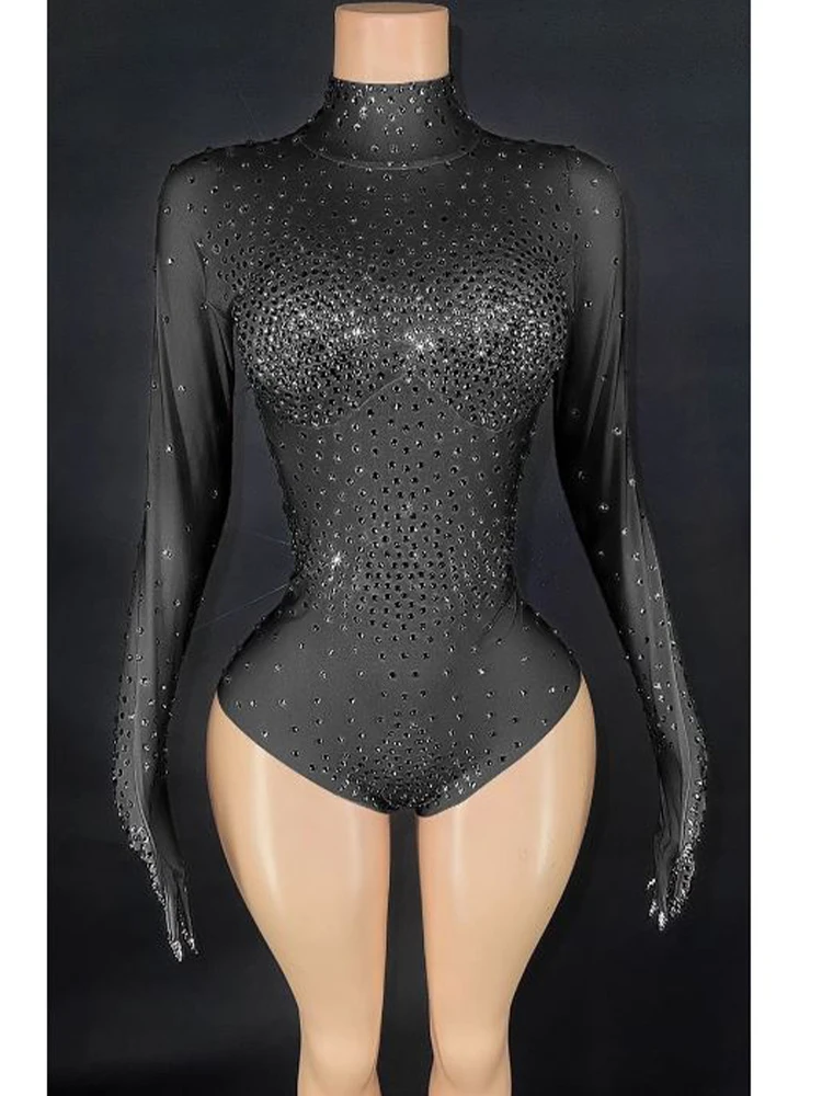 Высококачественный популярный эластичный сетчатый комбинезон со стразами