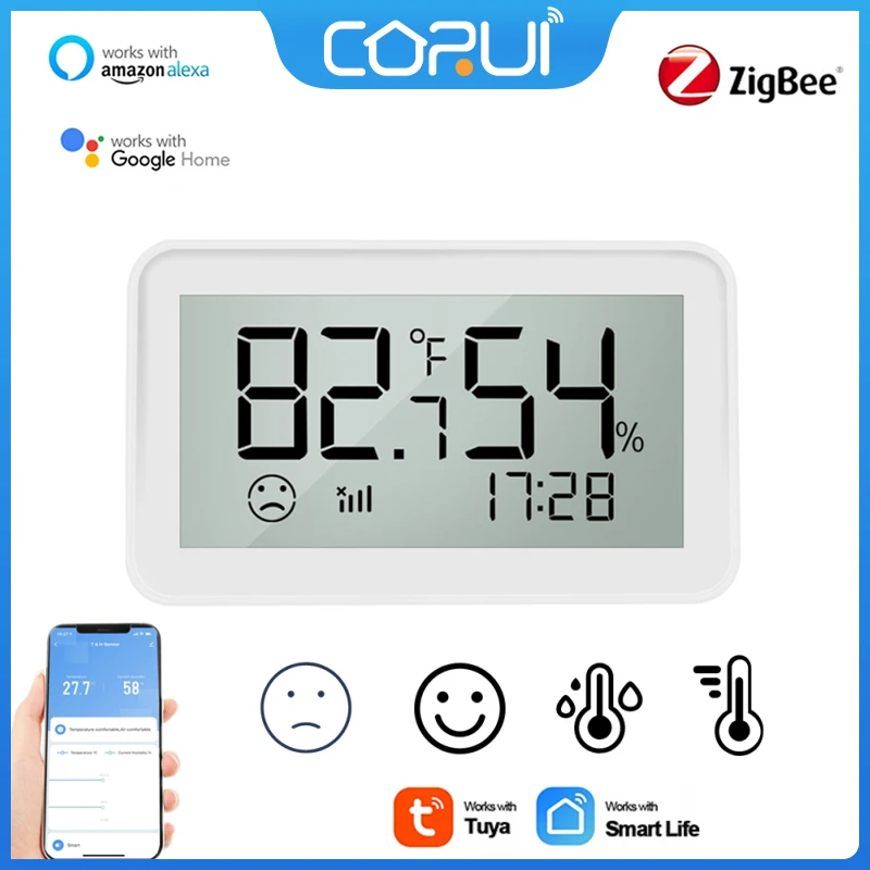 

CoRui Tuya Zigbee Thermometer Hygrometer Time Monitor Sensor Battery Powered Working With Alexa Google Assistant Smart Life