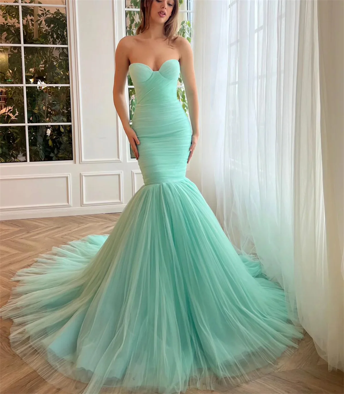 

Custom Mermaid Dress Evening Dress Bandeau Tight Long Train Mint Green Tulle Fabric Elegant Wedding Dress 2023 Свадебное Платье