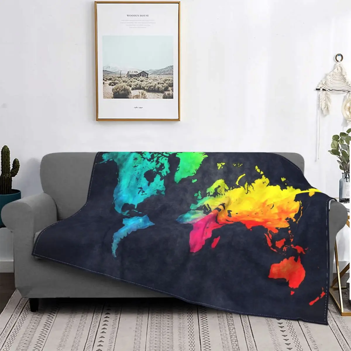 

World Map Watercolor Pattern Blanket Flannel Print Atlas Portable Lightweight Blanket for Home Car Quilt
