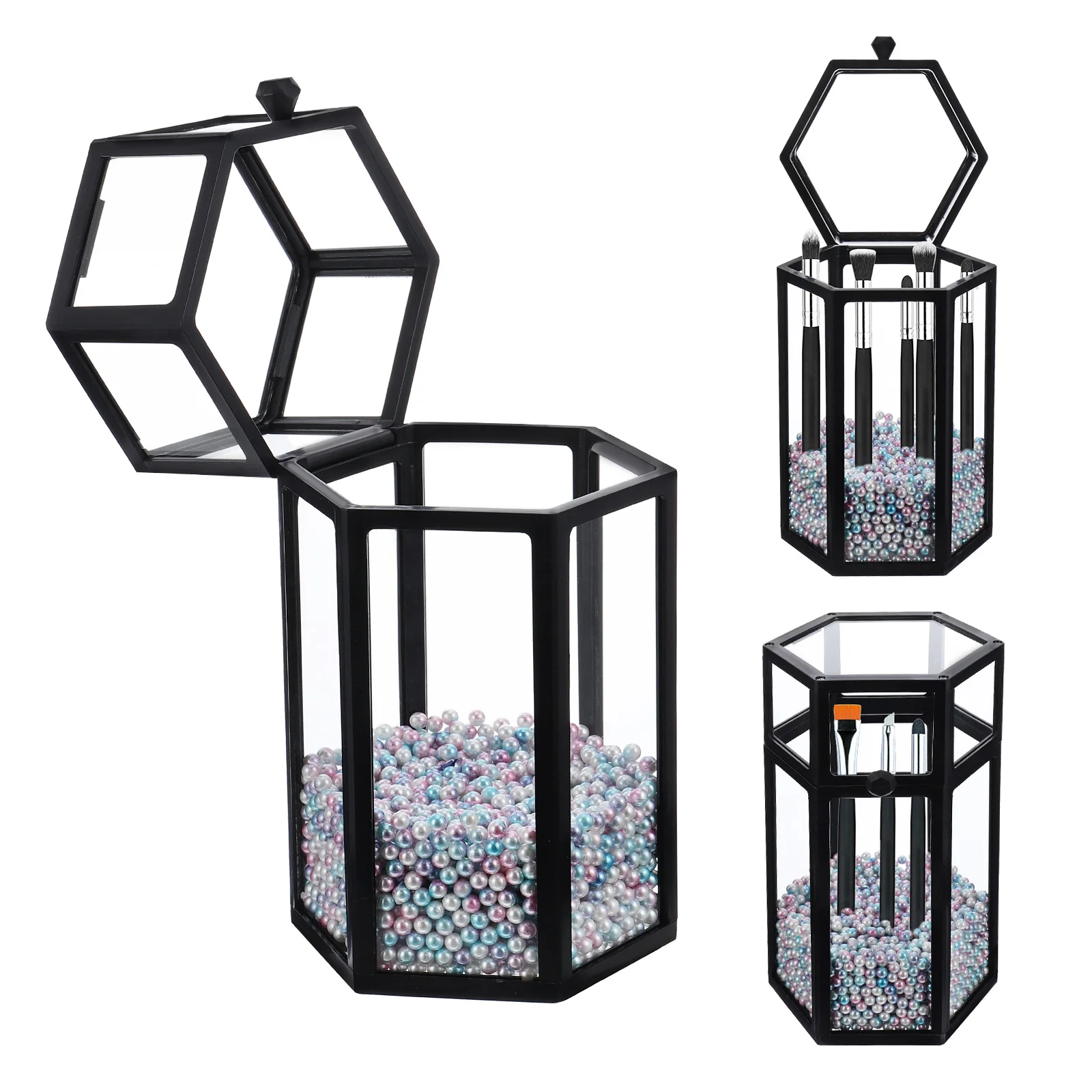 

Brush Makeup Organizer Holdercupbrushes Pearls Container Box Pen Storage Pearl Desktop Displayglass Decoration Case Transparent