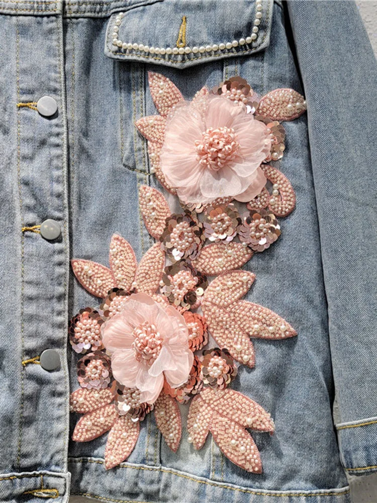 Женская джинсовая куртка DEAT с длинным рукавом и отложным воротником 3D заклепками