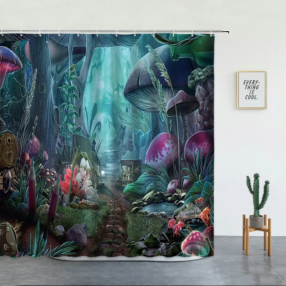 

Wing Elves Girl Shower Curtain Set Fantasy Enchanted Forest Home Bathroom Decor Mushroom Flower Plant Hanging Curtains