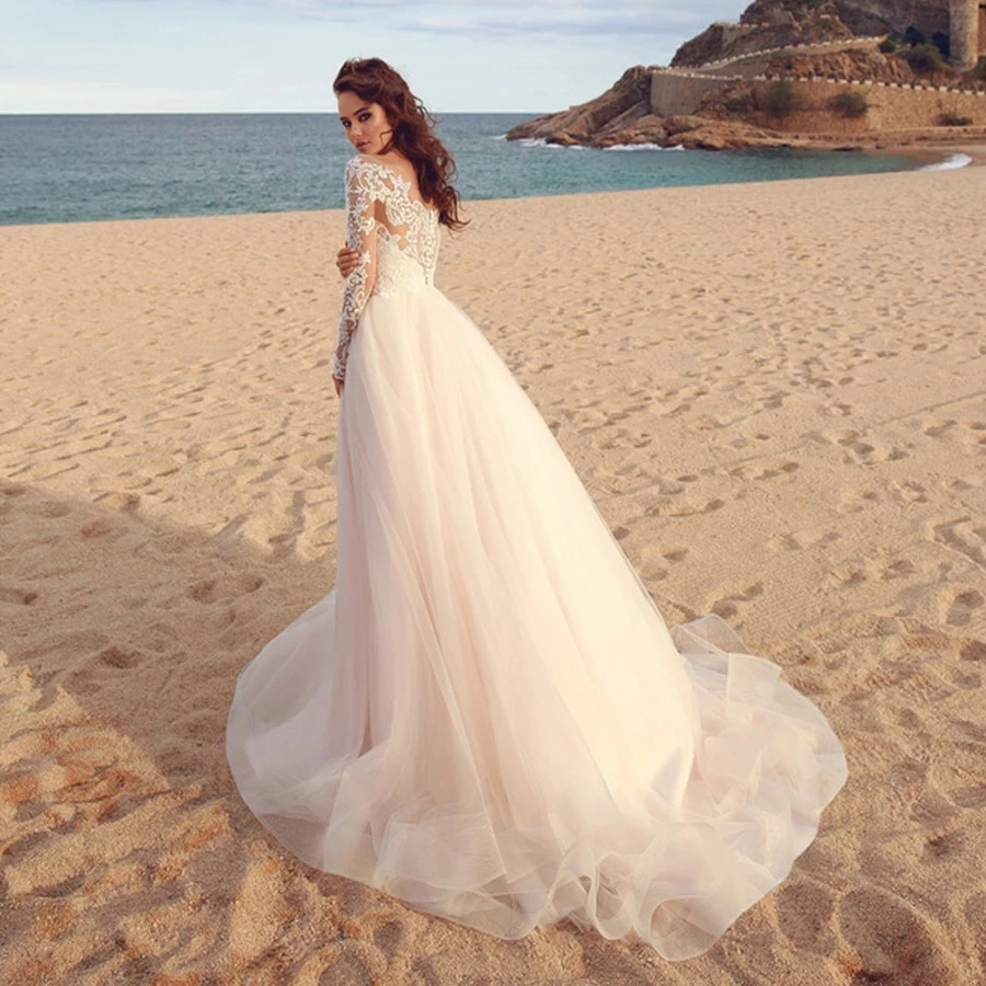 

Sexy O Neck Beach Wedding Dress 2022 Lace Long Sleeves Appliques Tulle Court Train Organza Vestido De Novia Princess Illusion