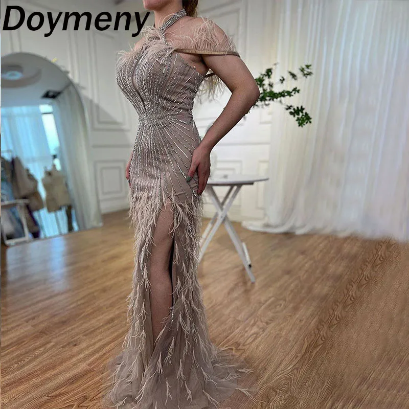 

Doymeny Women’s Sparkle Beaded Prom Dresses Off Shoulder Feather Mermaid Cocktail Dress with Split Formal Evening Party Gowns