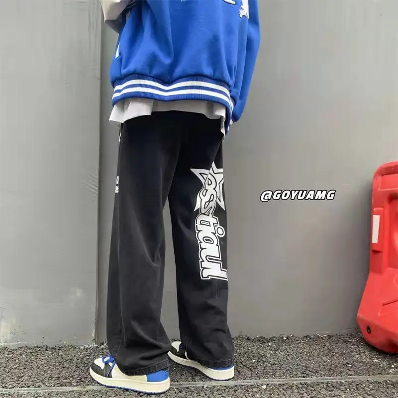 Autumn New Streetwear Retro Hip-hop Letter Printing Jeans Loose Straight-leg Pants Wide-leg Pants For Men And Women Couples