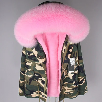 

Aoottii 2022 Winter Jacket Women big Real Fur Coat Parka red fox Fur collar faux fur liner Camouflage pink short coat fashion ne