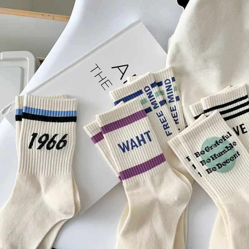 

Cotton Socks for Women High Quality Spring New Fashion Letter Korean Socks Female Striped Casual White Sports Socks