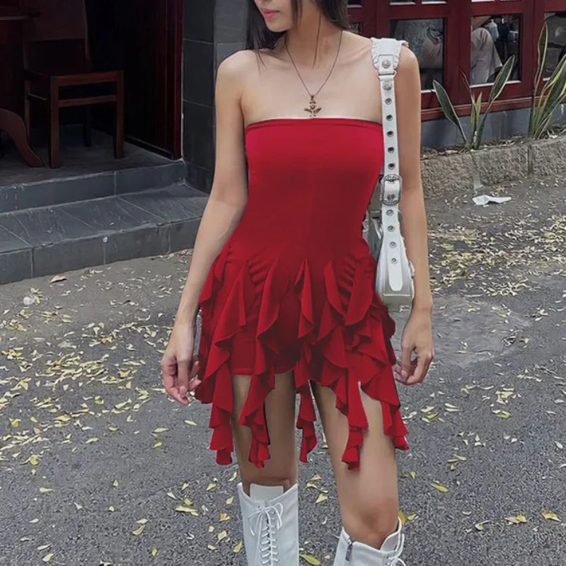 

Black Sexy Strapless Womens Dresses 2023 Autumn Ribbon Women's Dress Fashion Slim Ruffle Woman Clothes Y2k Commuting Outfits