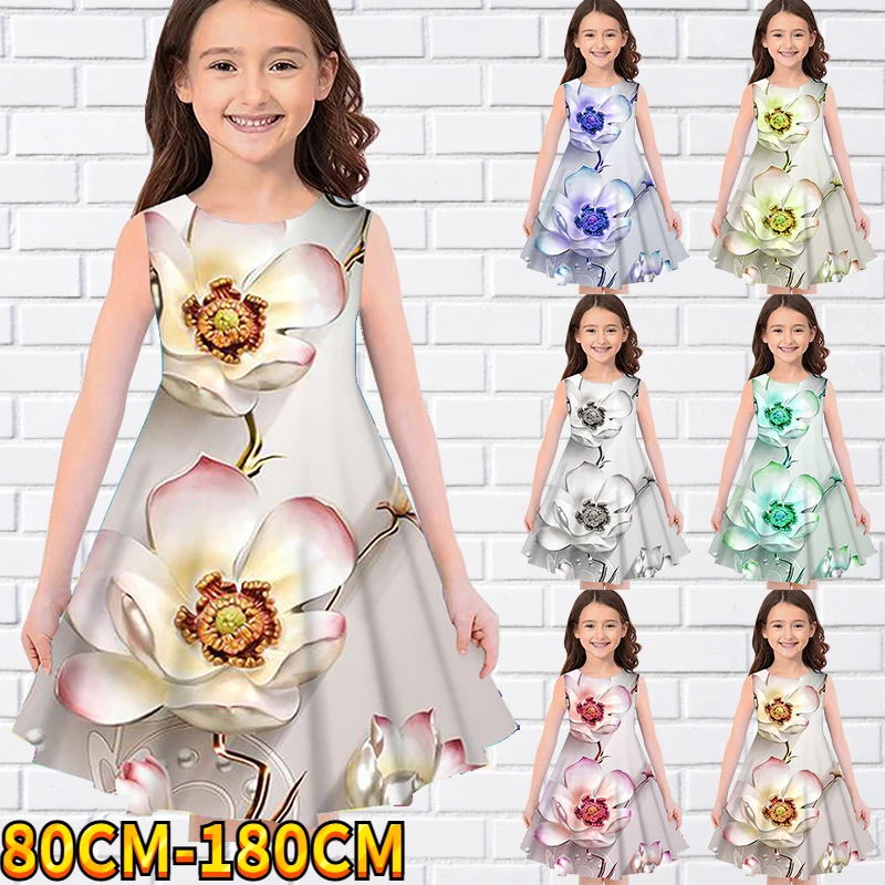 

Kids Little Girls Sleeveless Dress Girls Dress 3D Kids Flower Print Daily Casual Cute Sweet Over Knee Sleeveless Dress 80-180CM