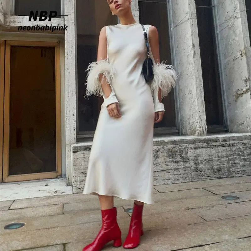 

Новые платья NEONBABIPINK с перьями, с вырезами, цвет белый, французский стиль, модная женская одежда