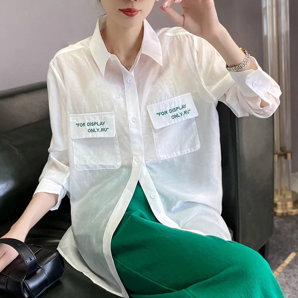 

Spring Autumn Blouses Womens White Black Green Letter Embroidered Sunscreen Shirts Thin Fashion Casual Slightly Transparent Tops