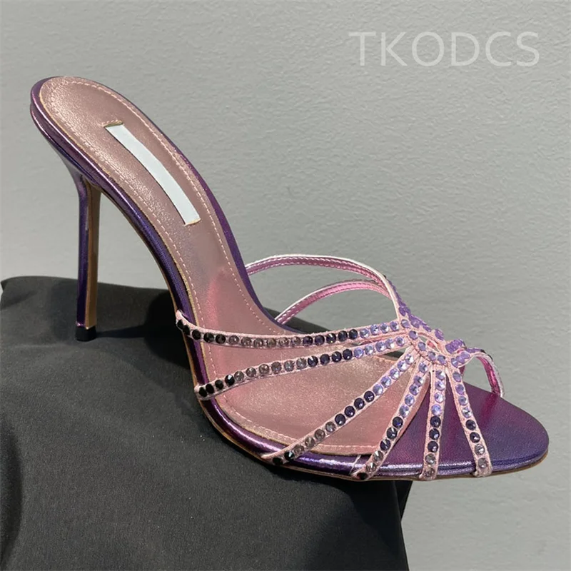 

Women Crystal Thin Strap Mules Real Leather High Heels Slippers Summer Fashion Slides Brand Designer Slippers Zapatillas Mujer