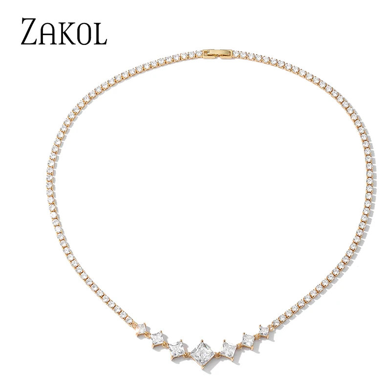 

ZAKOL Brand Luxury Square AAA Cubic Zirconia Choker Necklaces for Women Charm Bridal Wedding Party Jewelry NP5082