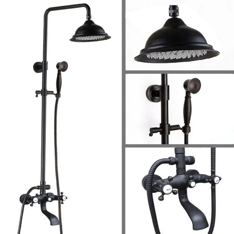 

Black Oil Rubbed Brass Wall Mounted Waterfall Rain Shower Faucet Set Dual Cross Handles Bathroom Bathtub Water Tap ahg103