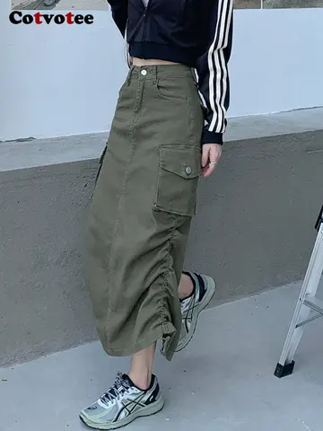 Cotvotee Cargo Denim Skirt for Women 2022 New Fashion High Waist Folds Mid Calf A Line Skirts Vintage Streetwear Loose Y2k Skirt