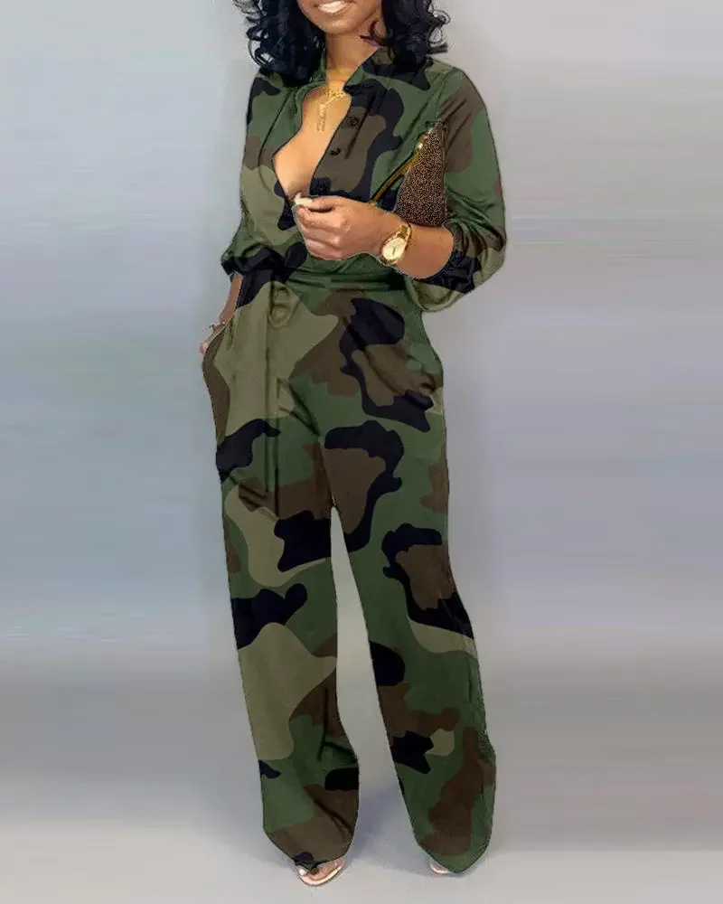Camouflage Print Buttoned Women V Neck Jumpsuit Female & Lady Casual Office Spring And Autumn Rompers 2022 Fashion New