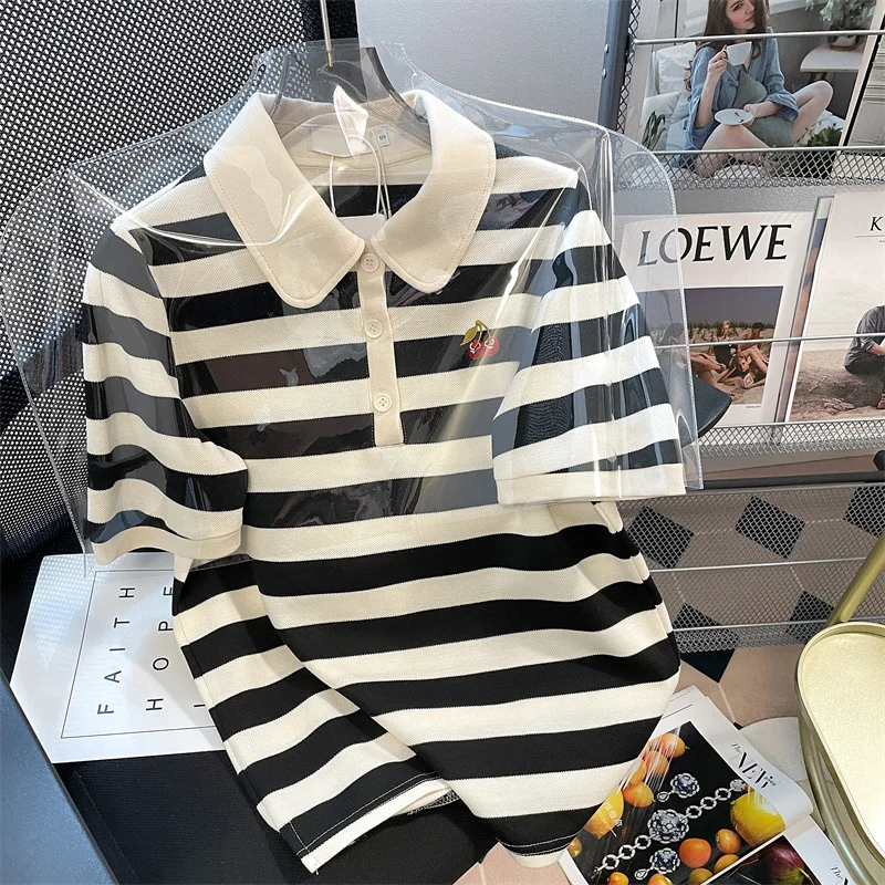 

French Women Tshirts Black White Striped Turn-Down Collar Top Panelled Summer Short Sleeve Knit Classic Fashion Short Top