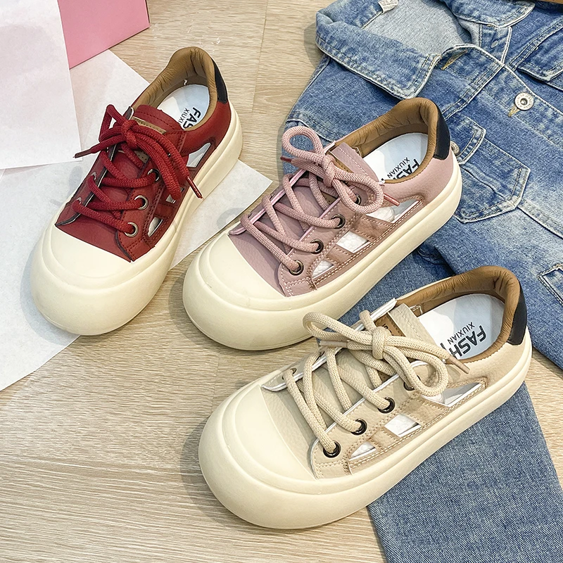 2023 Summer New Women's Hollow Out Shoes Platform Sneakers Casual Walking Loafers Low Top Fashion Skateboarding Student