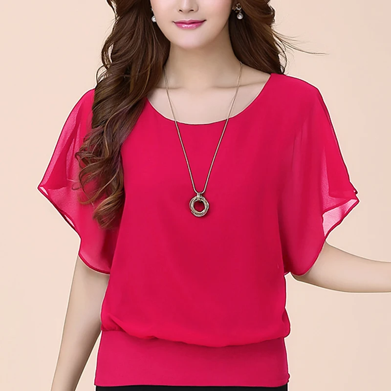 

Chiffon Shirt Short Sleeve Women's Shirt 2023 New Bat Sleeves Large Size Loose, Slim, Covering The Belly, Age Reducing Shirt