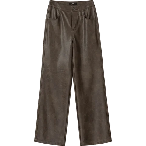 ELFSACK/коричневые широкие брюки из искусственной кожи для женщин; Коллекция 2023 года; Зимние повседневные штаны для ежедневной носки с высокой талией