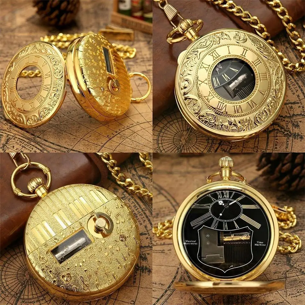 

Luxury Silver Musical Movement Pocket Watch Quartz Gift Chain Clock Fob Pendant Hand Crank Watch Valentines Antique Mu P6t1