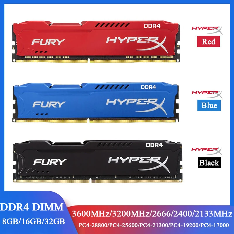 

HyperX Fury Memory RAM DDR4 16GB 8GB 3600MHz 3200MHz 2400 2133 2666MHz PC4-25600 21300 28800 DIMM 1.2V 288 Pins Desktop Memoria