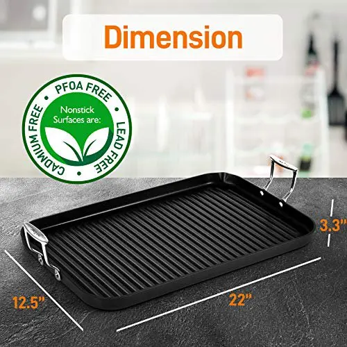 

Super Non-Stick Hard-Anodized 20" x 13" Grill & Griddle Kitchen Cookware Stove Top Pan with High Ridges, Durable Strong Riveted