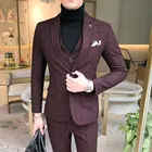 (Пиджак + жилет + брюки) мужское платье роскошный приталенный комплект из 3 предметов мужской свадебный новый деловой клетчатый костюм