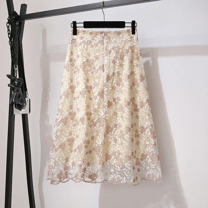 

A GIRLS Skirts Women Floral Embroidery Trendy Elegant Daily All-match High Waist Summer A-line Leisure Cozy