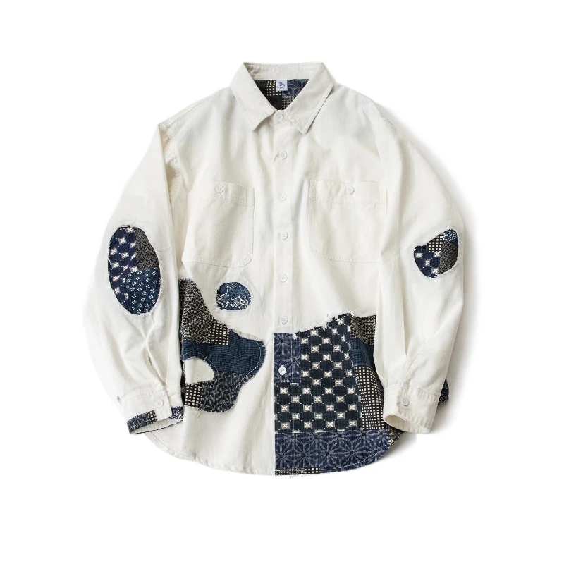 

Japanese Spring Summer Men's Clothing Individual National Style Cloth Stitching Hole Patch White Shirt Loose Coat Men's Shirt
