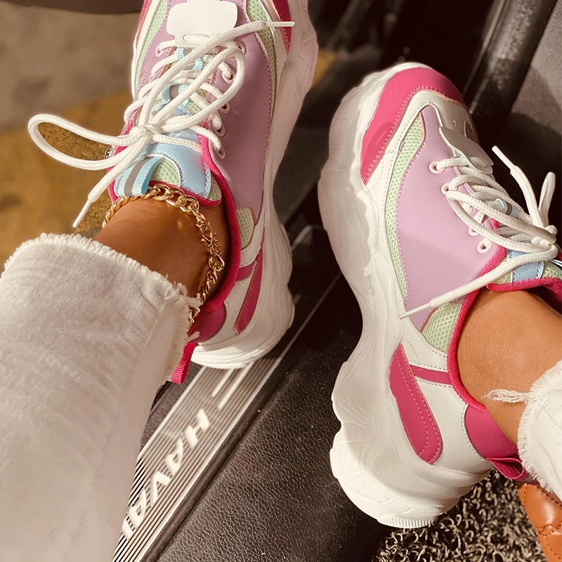 

Women 2021 Lace Up Sneakers Woman Chunky Zip Breathable Vulcanized Ladies Comfortblae Flat Female Casual Tennis Shoes Plus Size