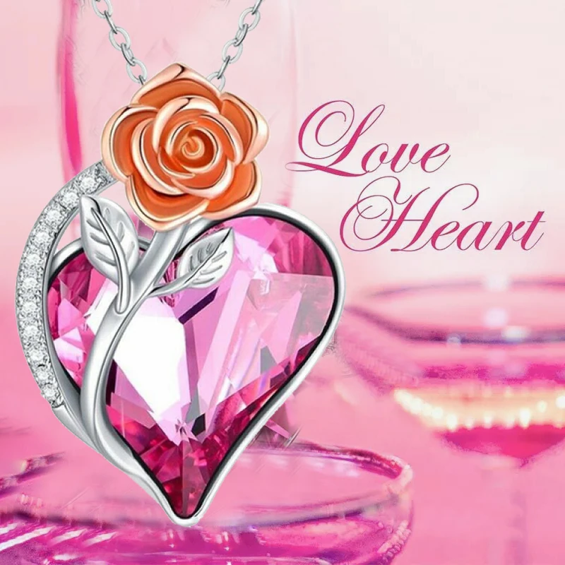 

Rose Heart Shape Crystal Necklace Pendant Valentine's Day Gift Decorations Romantic Fashion Jewelry for Couples for Women